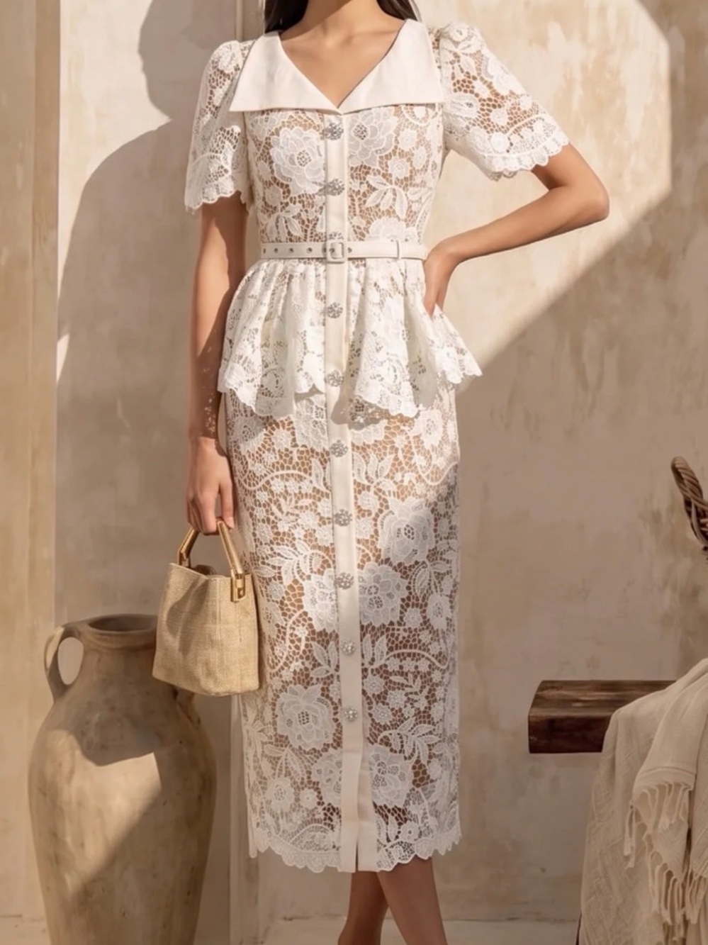 Elegant White Lace Peplum Midi Dress with Belt- Miamara NWT never worn